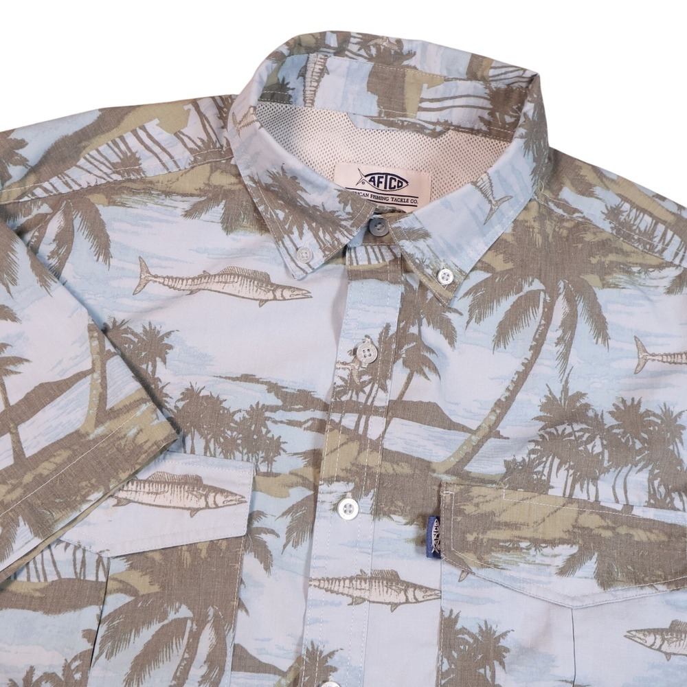 AFTCO Fishing Shirt Palm Trees Short Sleeve Button Up Vented Mens Medium Flaws